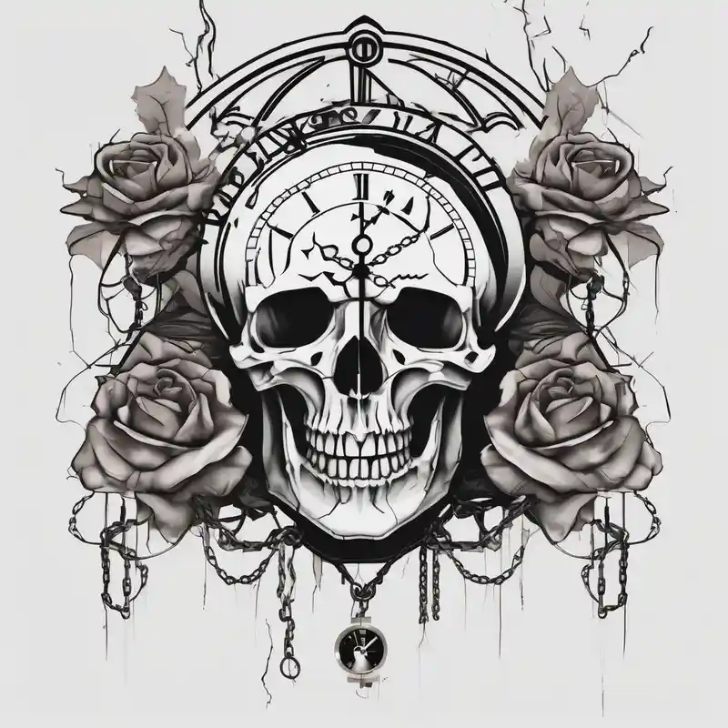 tattoo fool sleeve, tree roots break out of the chains, broken mask, clock with flying numbers, girl and skull, roses english – Minimalista, Colores vivos
